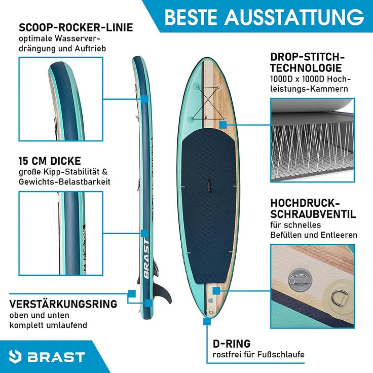 BRAST SUP Board Shark Aufblasbares Stand up Paddle Set 320cm Natural incl. Zubehör Fußschlaufe Paddel Pumpe Rucksack – Bild 4