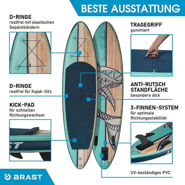 BRAST SUP Board Shark Aufblasbares Stand up Paddle Set 320cm Natural incl. Zubehör Fußschlaufe Paddel Pumpe Rucksack – Bild 5