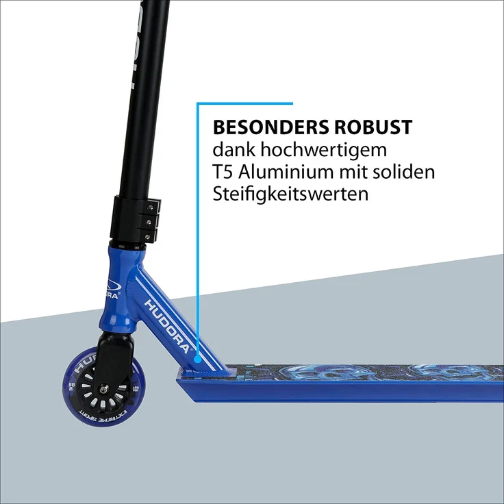 HUDORA 14025 'Stunt-Scooter XQ-12' Scooter, ab 8 Jahren, Lenkerhöhe ca. 82,5 cm, 360° Lenkung, High-Rebound Rollen, max. belastbar bis 100 kg, blau/schwarz – Bild 4