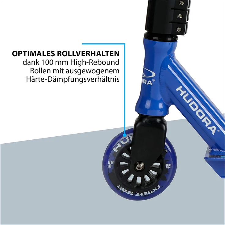 HUDORA 14025 'Stunt-Scooter XQ-12' Scooter, ab 8 Jahren, Lenkerhöhe ca. 82,5 cm, 360° Lenkung, High-Rebound Rollen, max. belastbar bis 100 kg, blau/schwarz – Bild 5