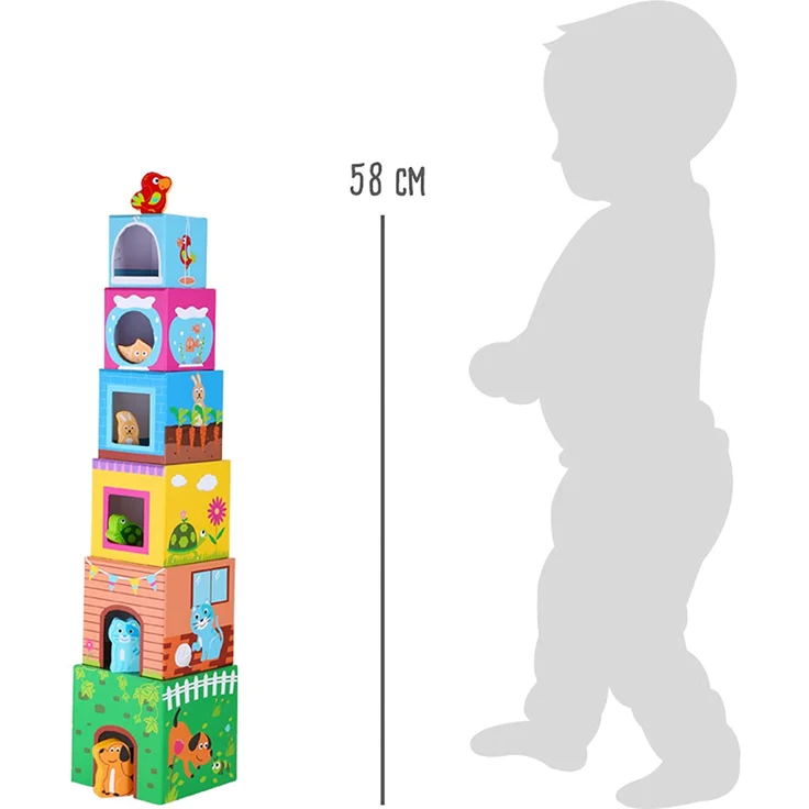 small foot 10044 Bunte Stapelwürfel "Haustiere" aus Pappe, Motorikspielzeug mit 6 Haustieren aus Holz, ab 12 Monate – Bild 8