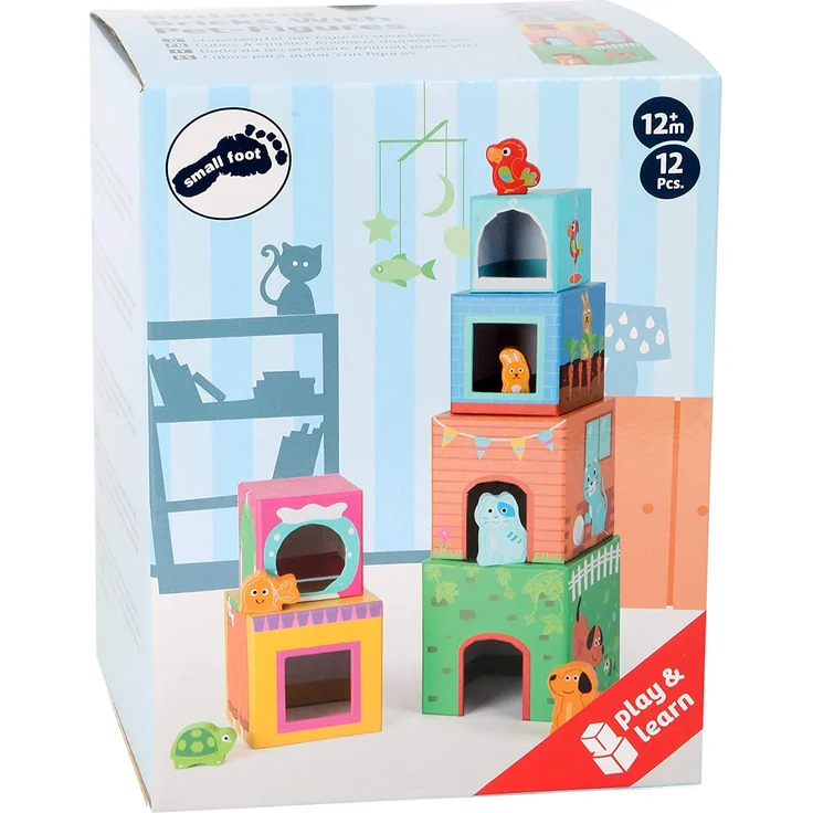 small foot 10044 Bunte Stapelwürfel "Haustiere" aus Pappe, Motorikspielzeug mit 6 Haustieren aus Holz, ab 12 Monate – Bild 7
