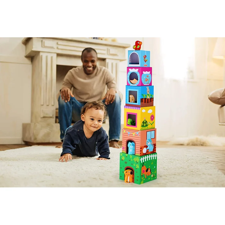 small foot 10044 Bunte Stapelwürfel "Haustiere" aus Pappe, Motorikspielzeug mit 6 Haustieren aus Holz, ab 12 Monate – Bild 6