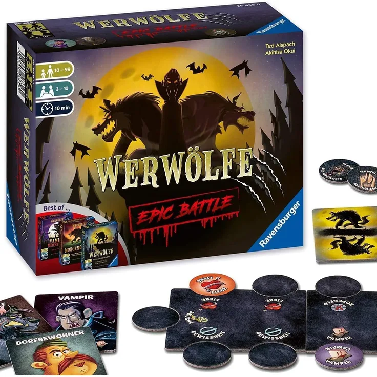 Ravensburger 26858 - Werwölfe - Epic Battle, Best-of der Spielereihe für 3-10 Spieler, Gesellschaftsspiel ab 10 , Partyspiel