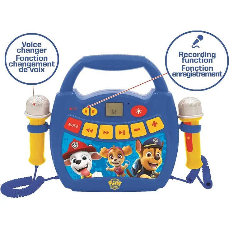 Lexibook MP320PAZ Paw Patrol-Tragbarer digitaler Karaoke-Player für Kinder-Mikrofone, Lichteffekte, Bluetooth, Aufnahme-und Sprachwechslerfunktionen, wiederaufladbarer Akku, Blau/Rot – Bild 5