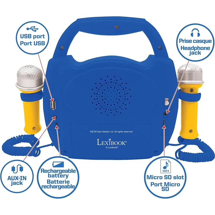 Lexibook MP320PAZ Paw Patrol-Tragbarer digitaler Karaoke-Player für Kinder-Mikrofone, Lichteffekte, Bluetooth, Aufnahme-und Sprachwechslerfunktionen, wiederaufladbarer Akku, Blau/Rot – Bild 4