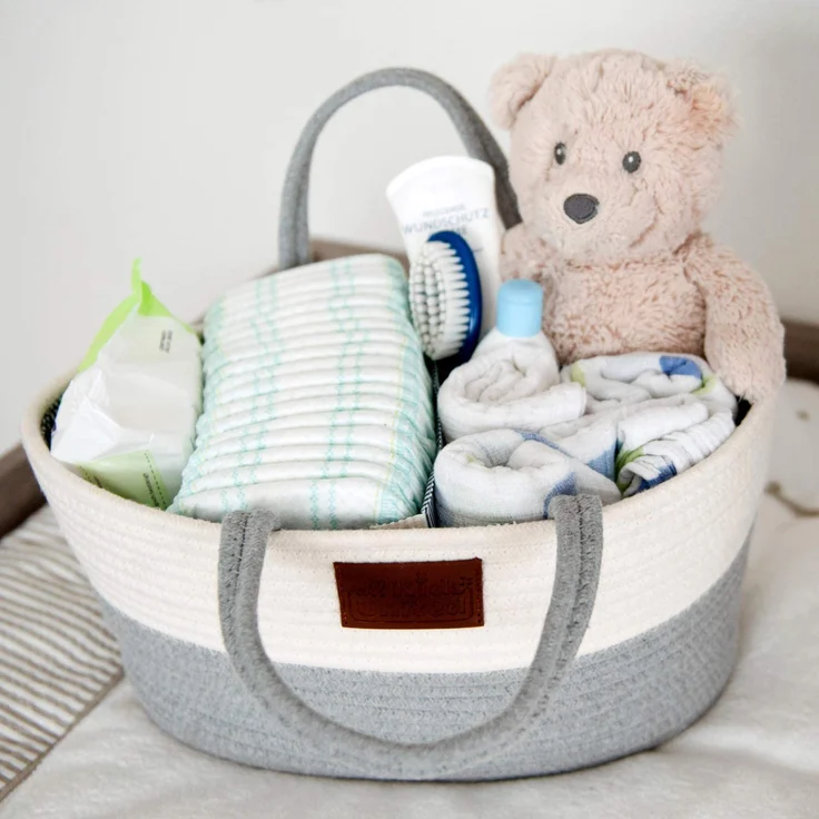 Baby Wickel-Organizer; Windelkorb Babykorb Wickel-Tasche für Windeln & Wickel-Utensilien, tragbare Einkaufstasche Shopper Windel Aufbewahrungskorb aus 100% Baumwoll-Leinen – Bild 3