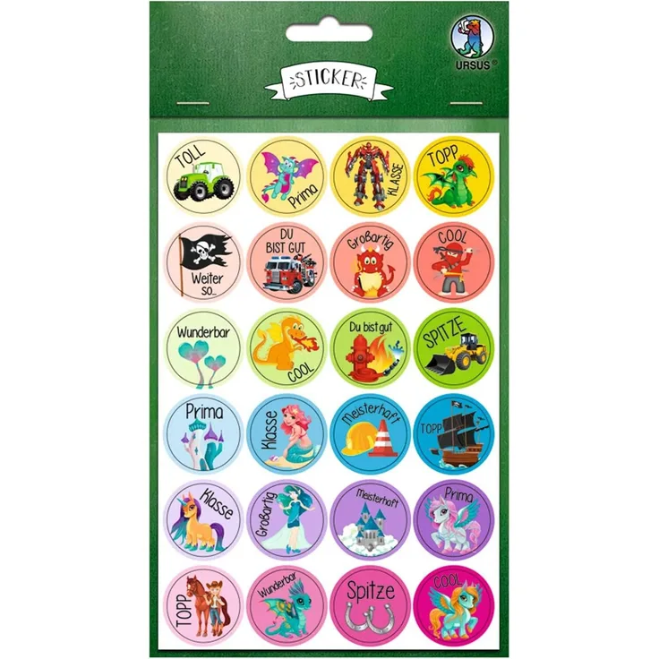 Ursus 59510020F Motivation, 96 Sticker mit motivierenden Worten für Kinder, selbstklebend, Durchmesser je ca. 2,5 cm, bunt