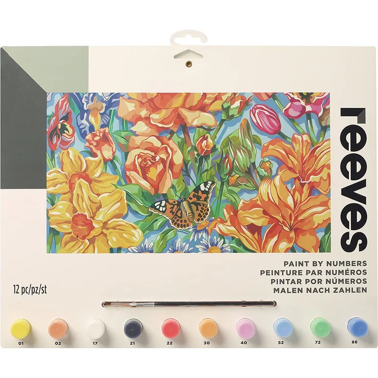 Reeves PL123 Malen nach Zahlen, Größe 30 x 40cm - Motiv: Blumen - 1 Pinsel, 10 Acrylfarben in 5ml Töpfchen