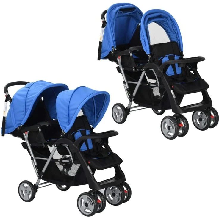 vidaXL Geschwisterwagen Stahl Zwillingswagen Kinderwagen Buggy Zwillingsbuggy – Bild 1