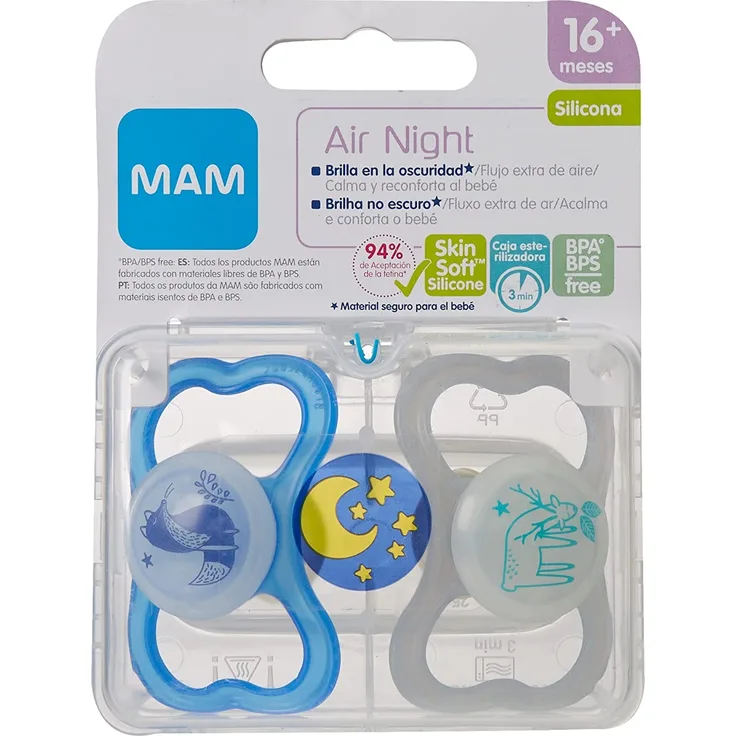 MAM Air Night S242 Schnuller mit extra großen Löchern für empfindliche Haut, SkinSoftTM Silikon, ultraweich, für 16+ Monate, blau, 2 Stück