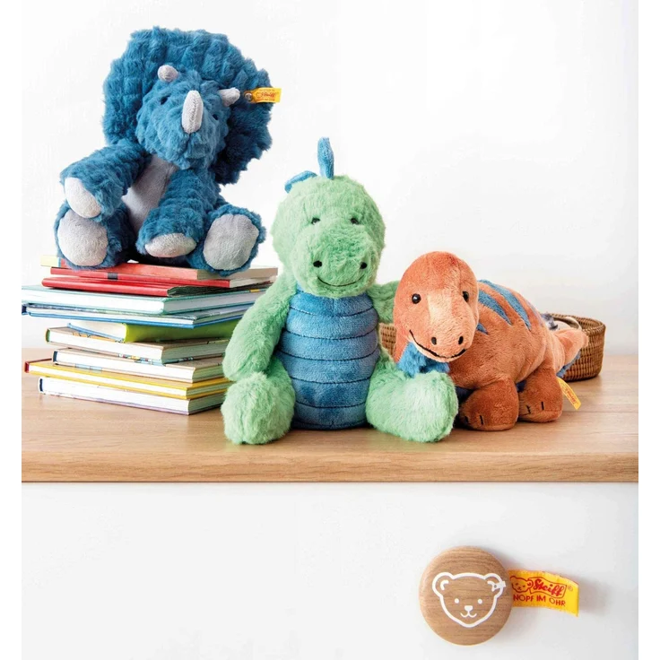 Steiff 087837 Original Plüschtier Bronko Brontosaurus, Soft Cuddly Friends Kuscheltier ca. 28 cm, Markenplüsch mit Knopf im Ohr, Schmusefreund für Babys von Geburt an, Dunkelorange und Petrol – Bild 4