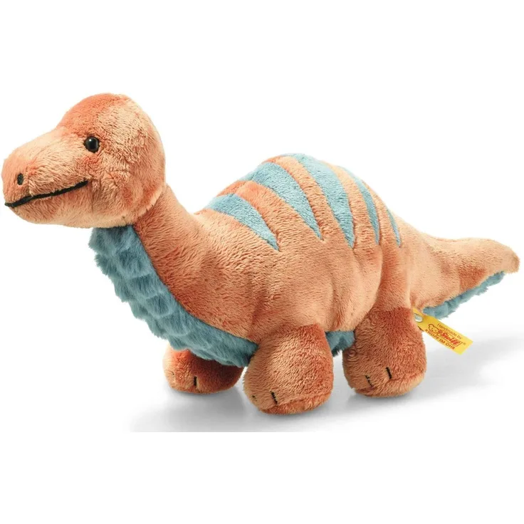 Steiff 087837 Original Plüschtier Bronko Brontosaurus, Soft Cuddly Friends Kuscheltier ca. 28 cm, Markenplüsch mit Knopf im Ohr, Schmusefreund für Babys von Geburt an, Dunkelorange und Petrol