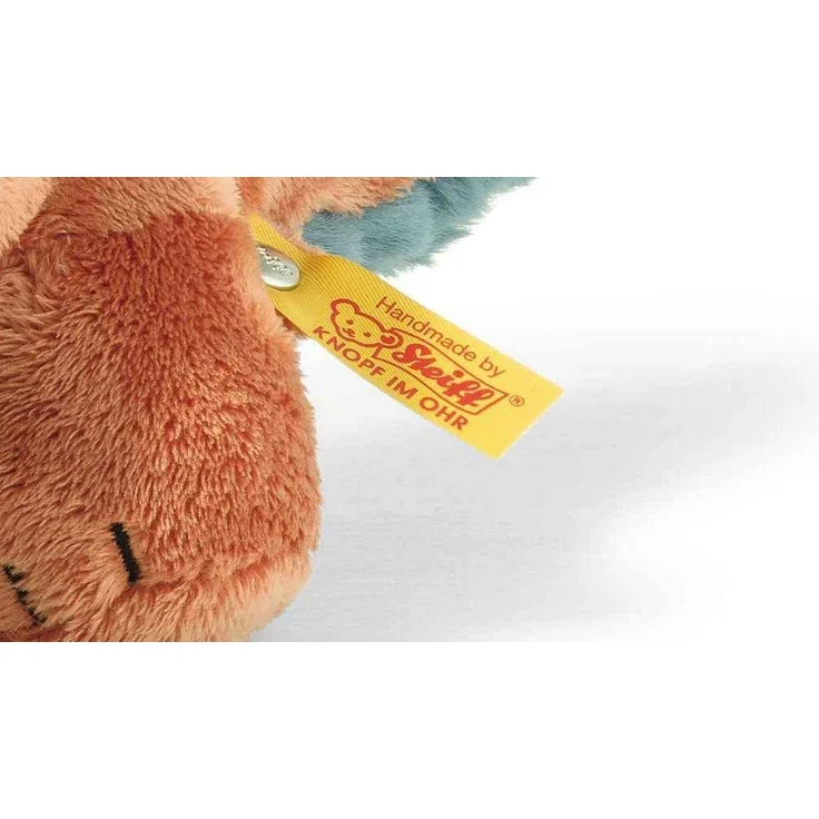 Steiff 087837 Original Plüschtier Bronko Brontosaurus, Soft Cuddly Friends Kuscheltier ca. 28 cm, Markenplüsch mit Knopf im Ohr, Schmusefreund für Babys von Geburt an, Dunkelorange und Petrol – Bild 3