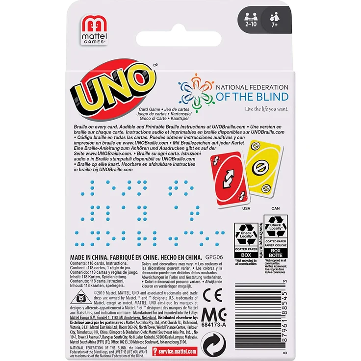 Mattel Games GPG06 - UNO Braille Kartenspiel und Gesellschaftspiel, Kartenspiele für die ganze Familie, für Blinde und sehbehinderte Personen, ab 7 Jahren – Bild 7