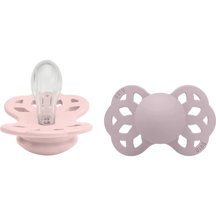 BIBS Infinity Symmetrischer Schnuller Zweierpackung, bisphenol-A frei, Symmetrischer Silikonsauger, Symmetrischer Nippel. Silikon, 0-6 Monate (2er Pack), Blossom / Dusky Lilac