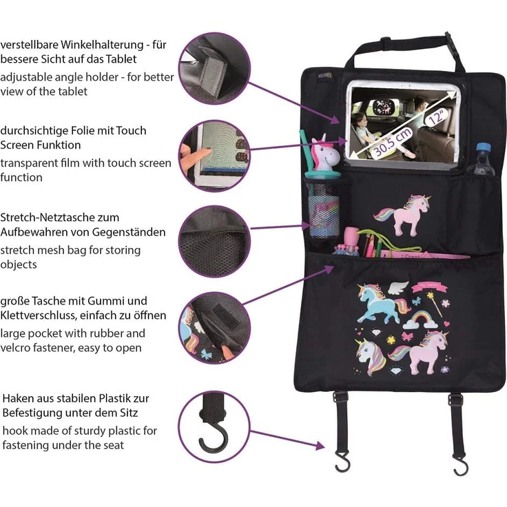 2x HECKBO Auto Rücksitz Organizer mit verstellbarer Tablet Tasche für Tablets bis zu 20 Zoll mit Touch Folie – mit Einhorn Druck - universal passend inkl. Thermotasche + Stretch-Netztasche - waschbar – Bild 3