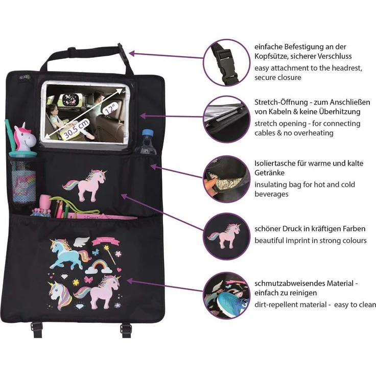 2x HECKBO Auto Rücksitz Organizer mit verstellbarer Tablet Tasche für Tablets bis zu 20 Zoll mit Touch Folie – mit Einhorn Druck - universal passend inkl. Thermotasche + Stretch-Netztasche - waschbar – Bild 2