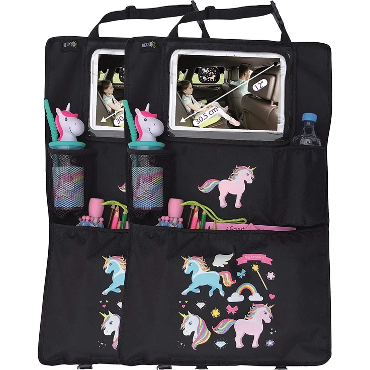 2x HECKBO Auto Rücksitz Organizer mit verstellbarer Tablet Tasche für Tablets bis zu 20 Zoll mit Touch Folie – mit Einhorn Druck - universal passend inkl. Thermotasche + Stretch-Netztasche - waschbar – Bild 1