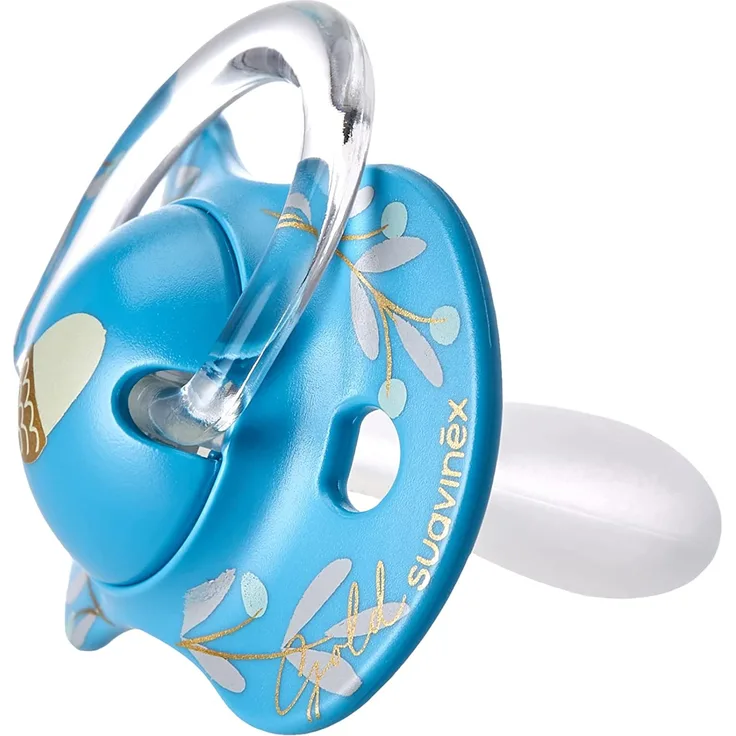 SUAVINEX Schnuller Gold Edition, für Kinder + 18 Monate, Schnuller mit flachem Dach und Simmetrisch aus Silikon SX Pro, flaches und tiefes Dach, Hellblau