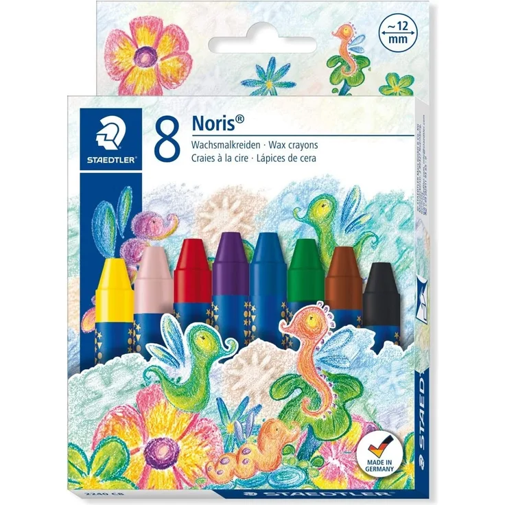 Staedtler 2240 C8 ST Wachsmalstifte, Wachsmalblöcke, Wachsmaltropfen-Etuis Wachsmalkreide Noris Club, rund, Sortiert, Kartonetui, 8 Farben
