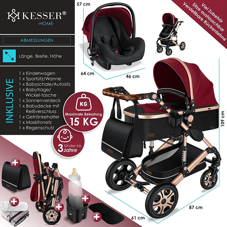 KESSER® Loops 3 in 1 Kinderwagen Kombikinderwagen Komplettset incl. Babywanne & Buggy Sportsitz & Auto-Babyschale - Voll-Gummireifen - Wickeltasche/Regenschutz/Kindertisch Set Rot / Champagne – Bild 7