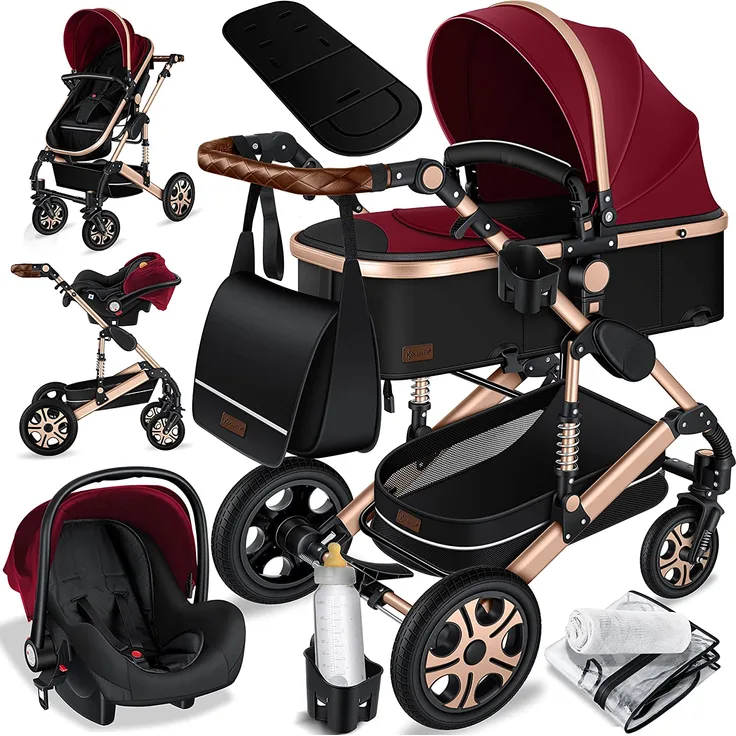 KESSER Loops 3 in 1 Kinderwagen Kombikinderwagen Komplettset incl.  Babywanne & Buggy Sportsitz & Auto-Babyschale - Voll-Gummireifen -  Wickeltasche/Regenschutz/Kindertisch Set Rot / Champagne: Tests, Infos &  Preisvergleich