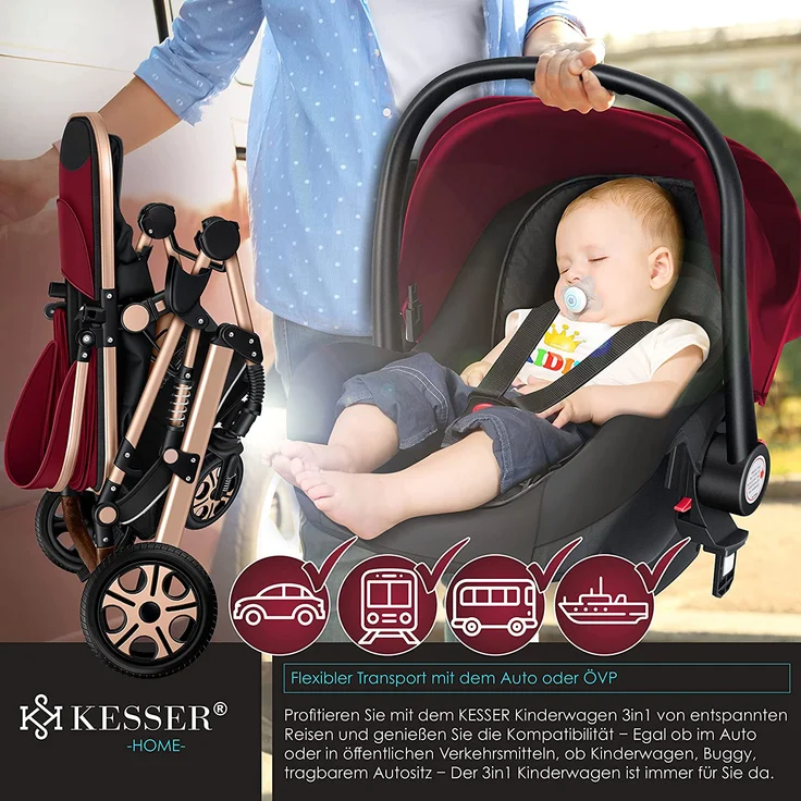KESSER® Loops 3 in 1 Kinderwagen Kombikinderwagen Komplettset incl. Babywanne & Buggy Sportsitz & Auto-Babyschale - Voll-Gummireifen - Wickeltasche/Regenschutz/Kindertisch Set Rot / Champagne – Bild 5