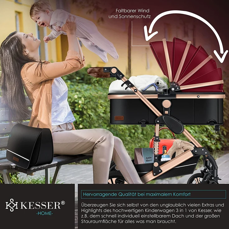 KESSER® Loops 3 in 1 Kinderwagen Kombikinderwagen Komplettset incl. Babywanne & Buggy Sportsitz & Auto-Babyschale - Voll-Gummireifen - Wickeltasche/Regenschutz/Kindertisch Set Rot / Champagne – Bild 3