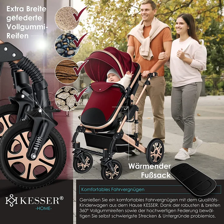 KESSER Loops 3 in 1 Kinderwagen Kombikinderwagen Komplettset incl.  Babywanne & Buggy Sportsitz & Auto-Babyschale - Voll-Gummireifen -  Wickeltasche/Regenschutz/Kindertisch Set Rot / Champagne: Tests, Infos &  Preisvergleich