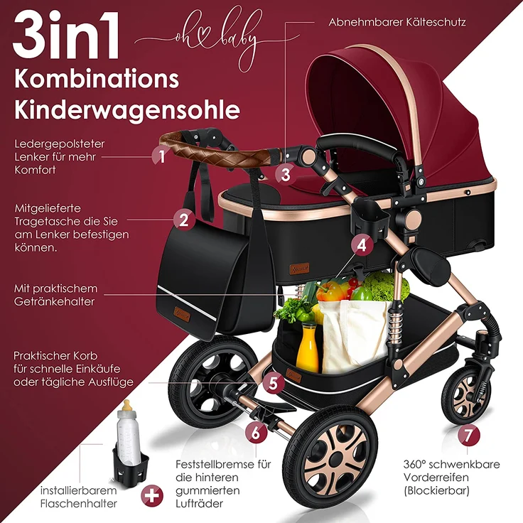 KESSER® Loops 3 in 1 Kinderwagen Kombikinderwagen Komplettset incl. Babywanne & Buggy Sportsitz & Auto-Babyschale - Voll-Gummireifen - Wickeltasche/Regenschutz/Kindertisch Set Rot / Champagne – Bild 2