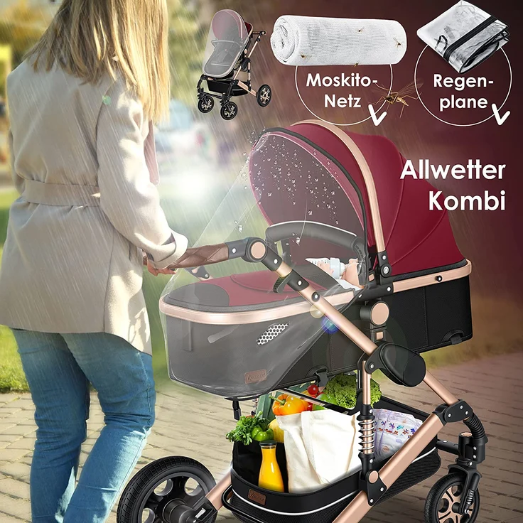 KESSER® Loops 3 in 1 Kinderwagen Kombikinderwagen Komplettset incl. Babywanne & Buggy Sportsitz & Auto-Babyschale - Voll-Gummireifen - Wickeltasche/Regenschutz/Kindertisch Set Rot / Champagne – Bild 8