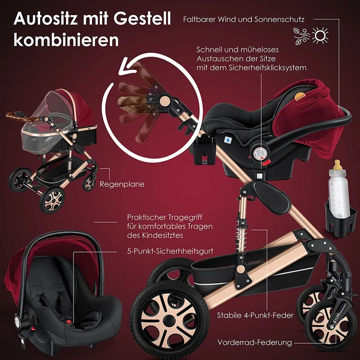 KESSER® Loops 3 in 1 Kinderwagen Kombikinderwagen Komplettset incl. Babywanne & Buggy Sportsitz & Auto-Babyschale - Voll-Gummireifen - Wickeltasche/Regenschutz/Kindertisch Set Rot / Champagne – Bild 4