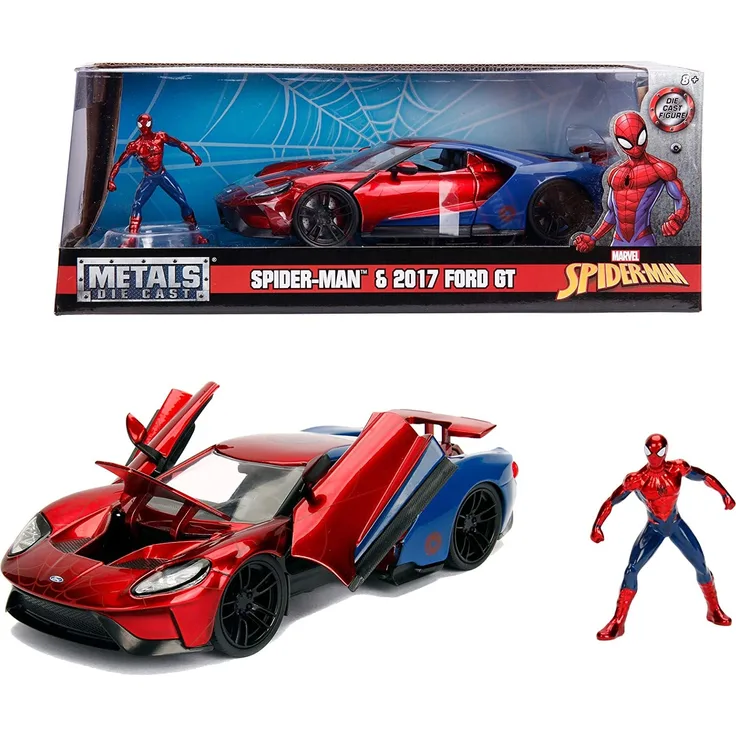 Jada Toys 253225002 'Marvel Spider-Man 2017 Ford GT 1:24', ab 8 Jahren, Spielzeugauto, öffnende Türen, Kofferraum & Motorhaube, inkl. Spiderman Figur, 1:24, rot