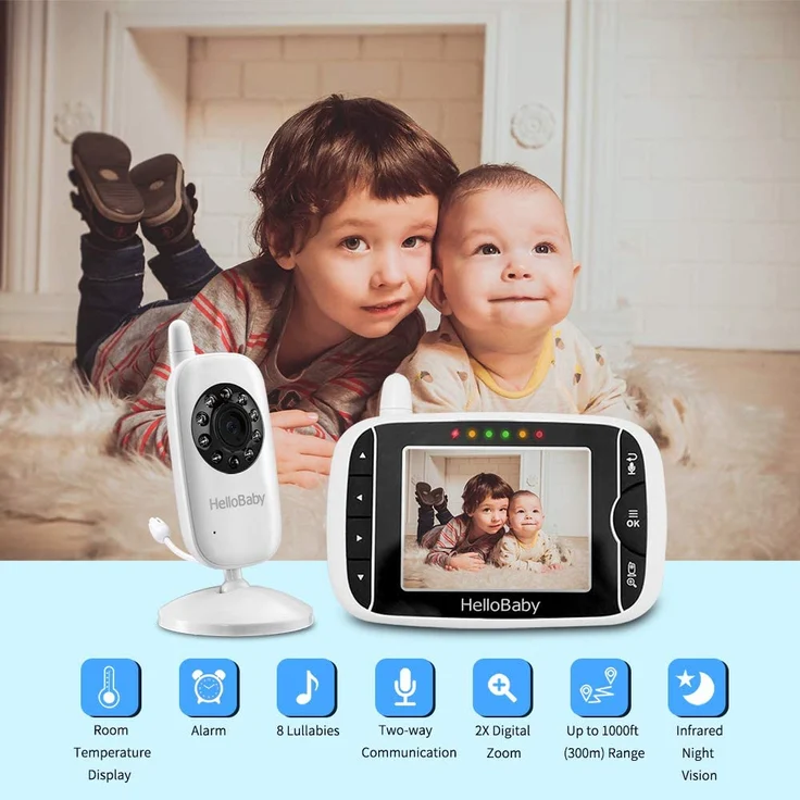HelloBaby Babyphone mit Kamera HB32 3. 2" Digital Funk TFT LCD Drahtloser Video baby Monitor mit Digitalkamera, Nachtsicht-Temperaturüberwachung u. 2 Weise Talkback System Weiß – Bild 2