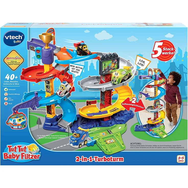 VTech Tut Tut Baby Flitzer - 2-in-1 Turboturm – Großes Turm-Spielset mit 2 Aufbaumöglichkeiten, Turborenner, Weichen, Falltür u. v. m. – Für Kinder von 1-5 Jahren – Bild 5