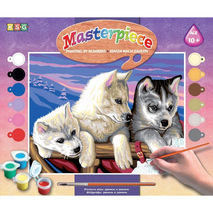 MAMMUT 8241036 - Malen nach Zahlen Senior, Huskies, Hunde, Komplettset mit bedruckter Malvorlage im A3 Format, 12 Acrylfarben, Pinsel und Anleitung, großes Malset ab 10 Jahre