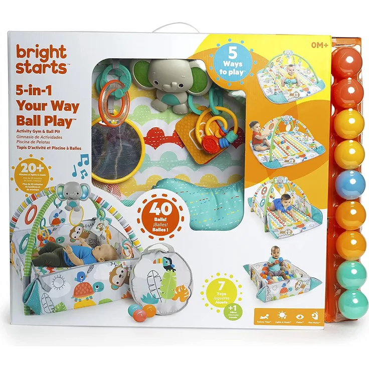 Bright Starts, 5-in-1 Your Way Ball Play Erlebnisdecke & Bällebad mit 40 Bällen - Totally Tropical, Spieldecke mit Spielbogen, 20+ Minuten Licht und Musik, Krabbeldecke mit 7 Spielzeuge, ab der Geburt