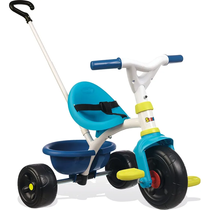 Smoby Be Fun Dreirad blau Kinderdreirad mit Schubstange, Sitz mit Sicherheitsgurt, Metallrahmen, Pedal-Freilauf, für Kinder ab 15 Monaten