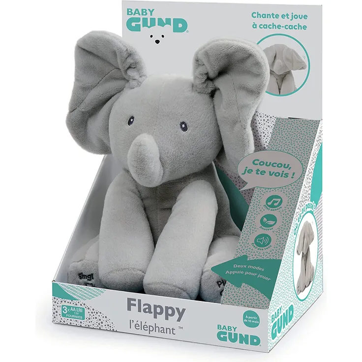 Gund – 6054176 – Plüschtier Baby interaktiv – Spielzeug für Kleinkinder – Flappy der Elefant – Versteckung – französische Version