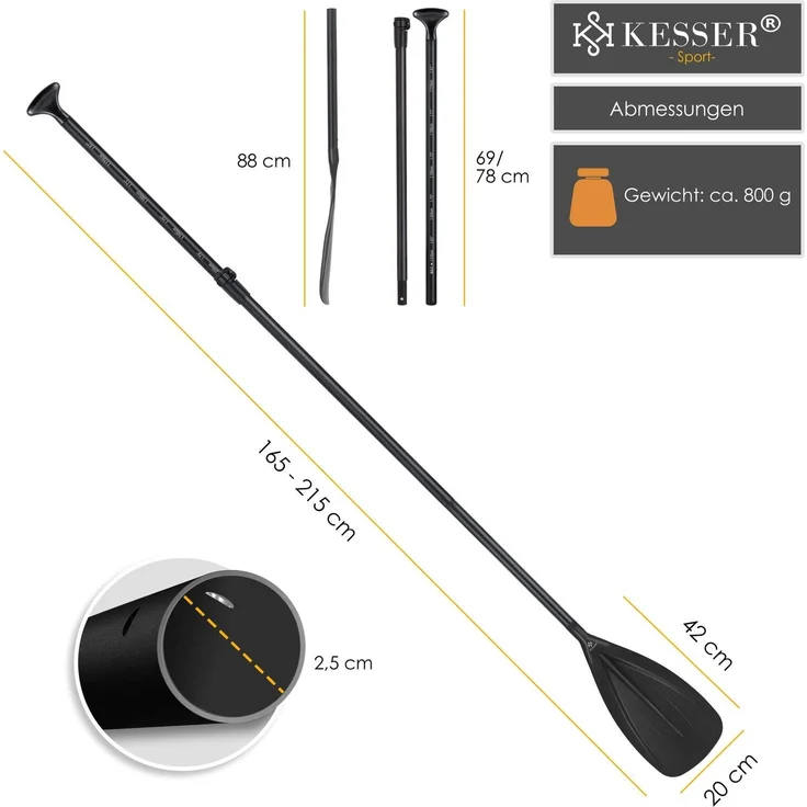 KESSER® Paddle - 3-teilig für Kayak SUP Stand-Up Paddling Board Stechpaddel, Verstellbar Teleskop 165cm-215cm Aluminum für Stand Up Paddel Kajakfahren Surfboard Boot Anti-Rutsch Stecksystem Schwarz – Bild 7