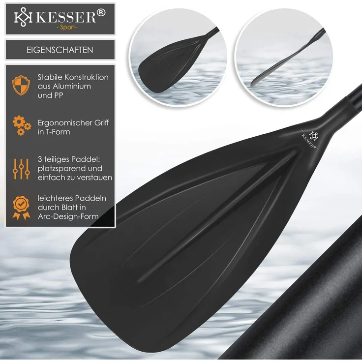 KESSER® Paddle - 3-teilig für Kayak SUP Stand-Up Paddling Board Stechpaddel, Verstellbar Teleskop 165cm-215cm Aluminum für Stand Up Paddel Kajakfahren Surfboard Boot Anti-Rutsch Stecksystem Schwarz – Bild 2