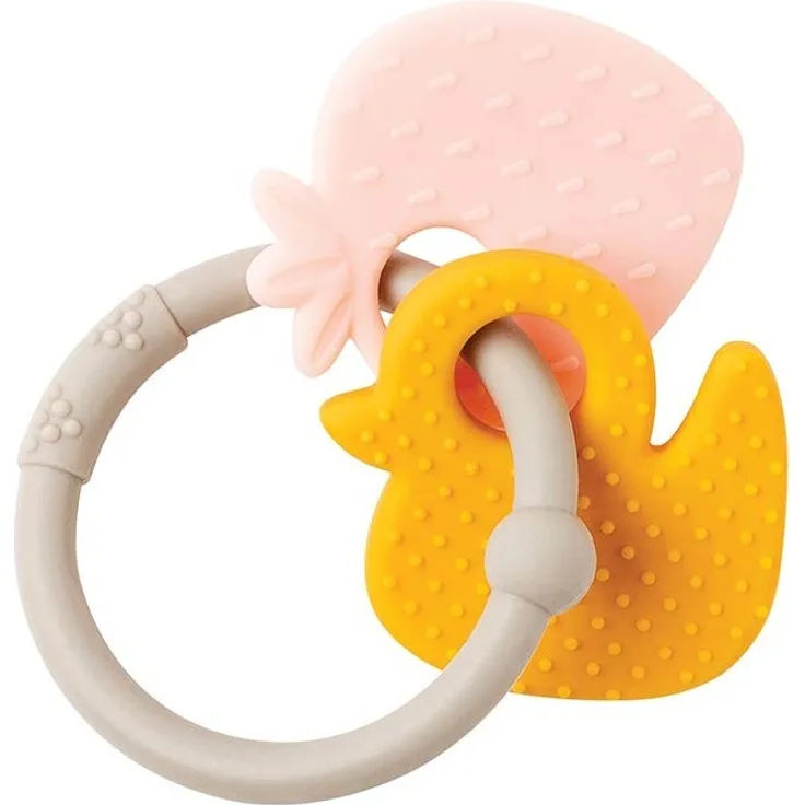 Nattou Beißring aus Silikon, Erdbeere und Ente, BPA-frei, 8 x 10 x 4 cm, Silicon, Beige/Rosa/Ocker