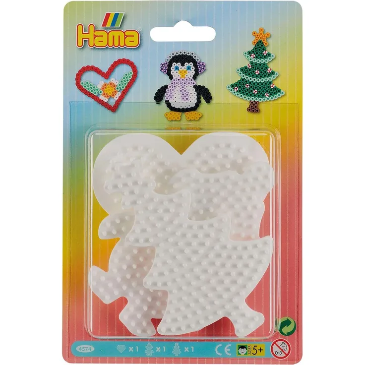 Hama Perlen 4574 Stiftplatten 3er Set für Midi Bügelperlen mit Durchmesser 5 mm, Motive Herz, Pinguin und Weihnachtsbaum in weiß, kreativer Bastelspaß für Groß und Klein