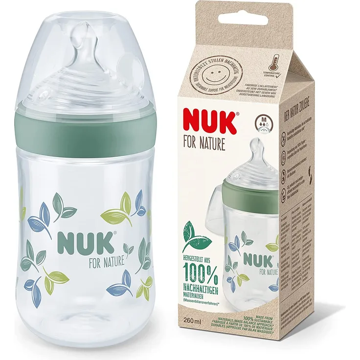 NUK for Nature Babyflasche | mittelgroßer Trinksauger | 260 ml | Der Mutterbrust nachempfundener Trinksauger aus Silikon mit Anti-Colic-Ventil | Temperature Control | BPA-frei | Grün