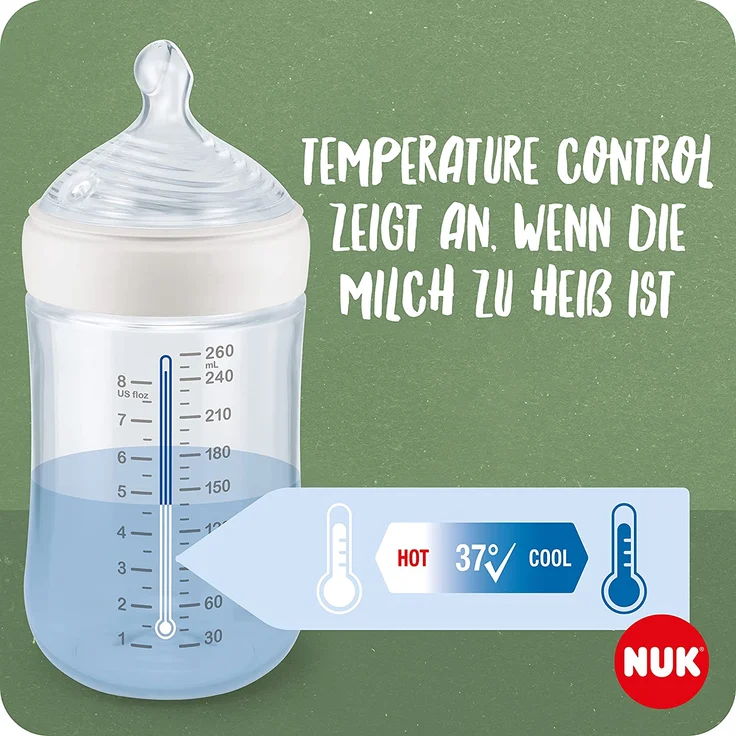 NUK for Nature Babyflasche | mittelgroßer Trinksauger | 260 ml | Der Mutterbrust nachempfundener Trinksauger aus Silikon mit Anti-Colic-Ventil | Temperature Control | BPA-frei | Grün – Bild 5