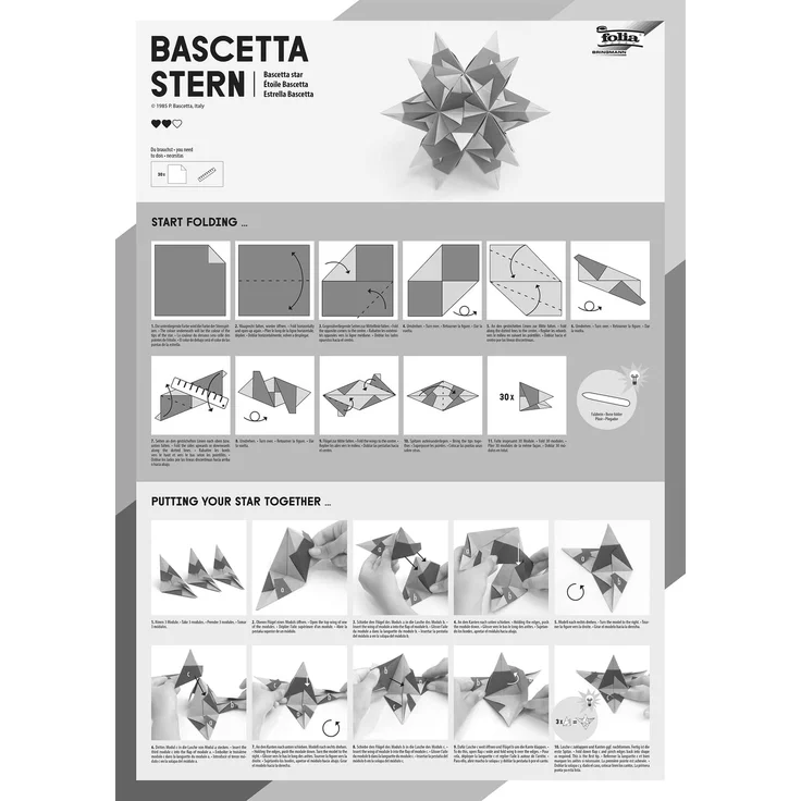 folia 820/1515 - Bastelset Bascetta Stern, Transparent rot, 15 x 15 cm, 32 Blatt, fertige Größe des Papiersterns ca. 20 cm, mit ausführlicher Anleitung - ideal zur zeitlosen Dekoration – Bild 3
