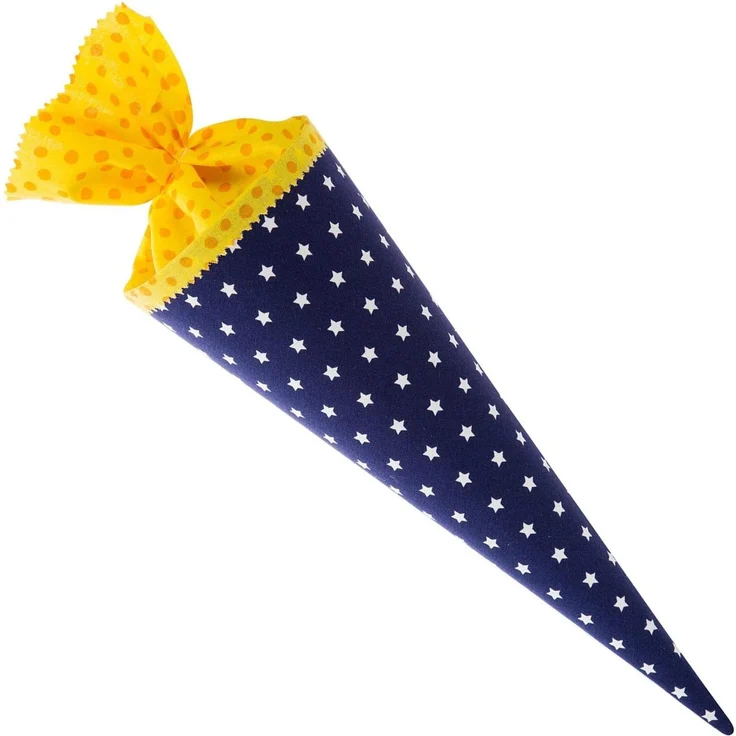 goldbuch 93552 Stoff-Schultüte, Zuckertüte mit Punkt- und Sternmuster, Geschwisterschultüte 35 cm, Geschwistertüte, Geschenktüte zur Einschulung und Schulanfang, Dunkelblau / Gelb – Bild 2