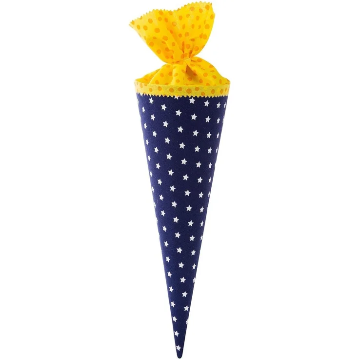goldbuch 93552 Stoff-Schultüte, Zuckertüte mit Punkt- und Sternmuster, Geschwisterschultüte 35 cm, Geschwistertüte, Geschenktüte zur Einschulung und Schulanfang, Dunkelblau / Gelb – Bild 1