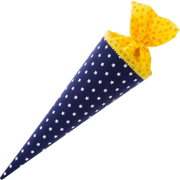 goldbuch 93552 Stoff-Schultüte, Zuckertüte mit Punkt- und Sternmuster, Geschwisterschultüte 35 cm, Geschwistertüte, Geschenktüte zur Einschulung und Schulanfang, Dunkelblau / Gelb – Bild 3